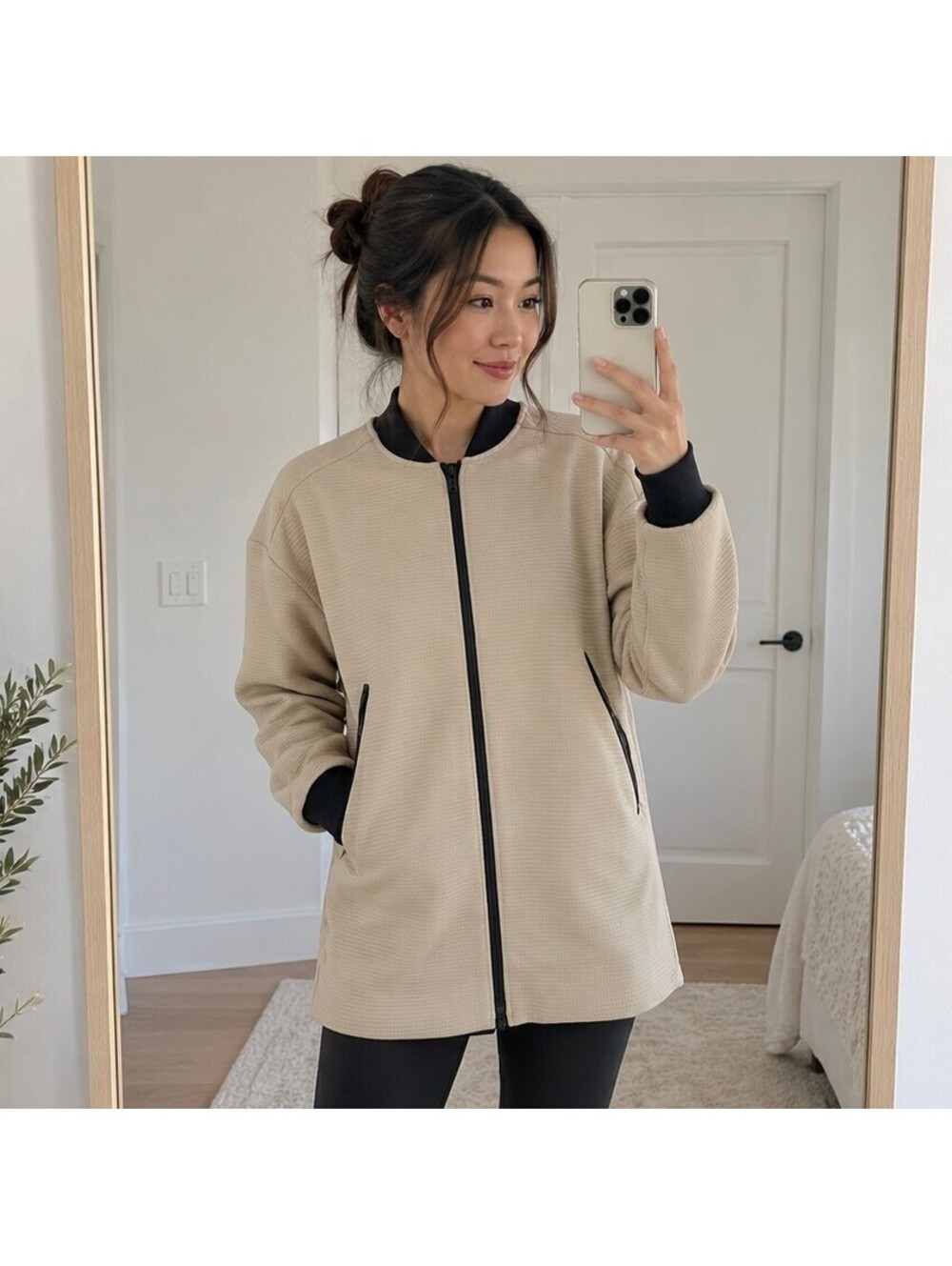 Adidas Beige Long Bomber Jacket with Black Trim